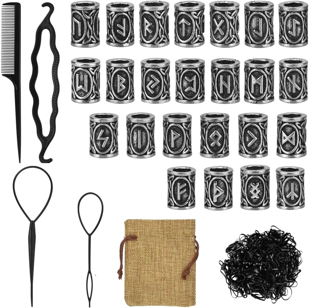 Beard Beads for Men,24 Piece Vikings Runes Beads Norse Dreadlock Bead Hair Tube Bead with Rubber Band,Plastic Bun Curler Pull Hair Pin Quick Beader with Pouch for Men Women Braiding Ties