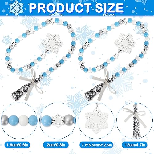 Miniatura 2 de Whaline 2 guirnaldas de cuentas de madera de invierno con borla de copo de nieve, árbol de Navidad, guirnalda de copos de nieve azul, blanco y
