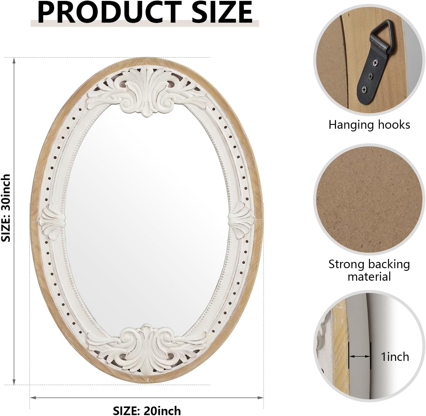h homewins oval mirrors for wall,20x30 oval wooden rustic farmhouse carved antique boho nature vintage decorative mirror for bedroom, bathroom, living room,vanity brown&white 30"l x 20"w