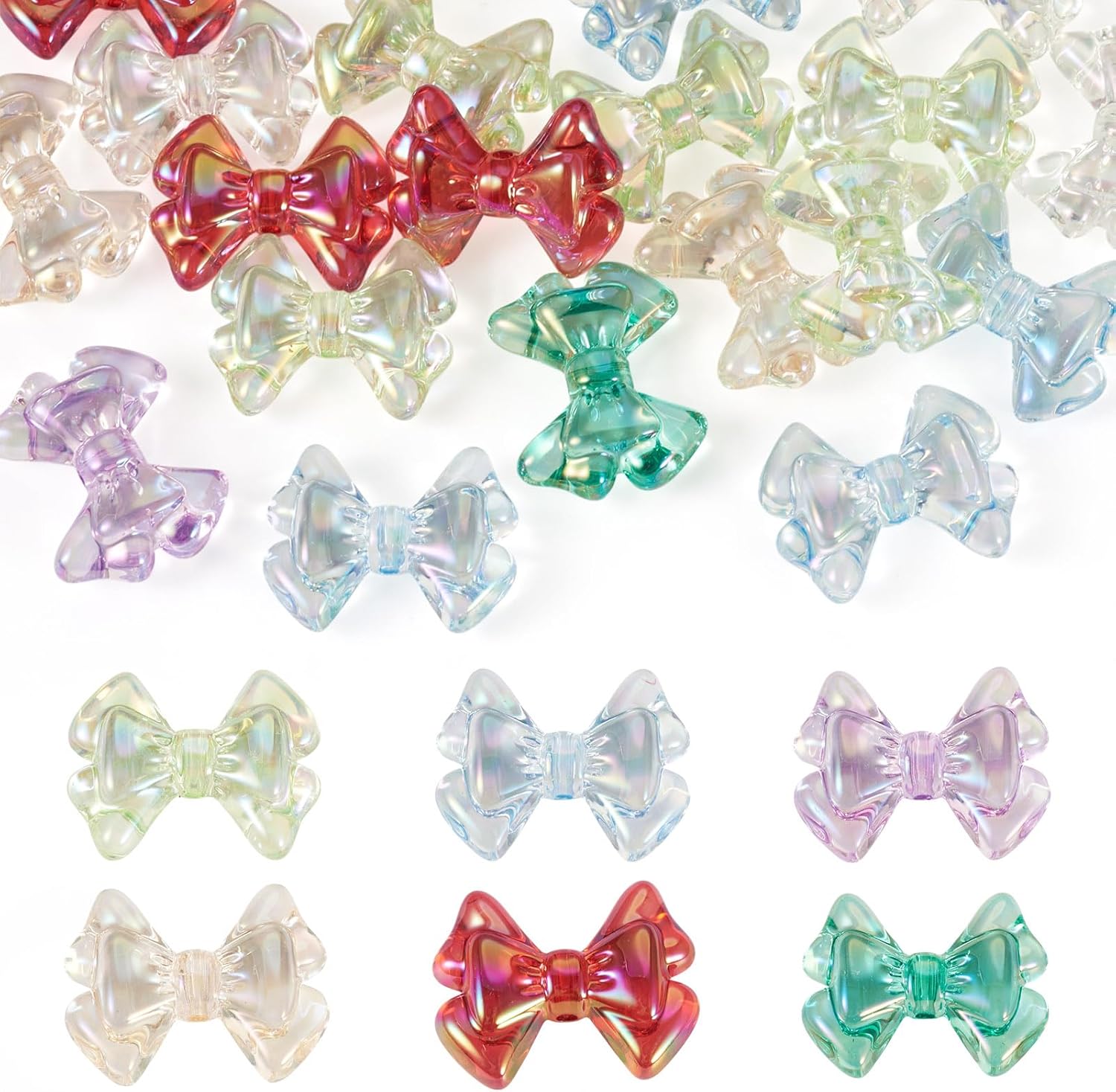 20Pcs Acrylic Bow Beads Iridescent Transparent Plastic Bowknot Beads Colorful Ribbon Bow Tie Bead Cute Aesthetic Bead for DIY Crafts Earring Necklace Keychain Lanyard Jewelry Making