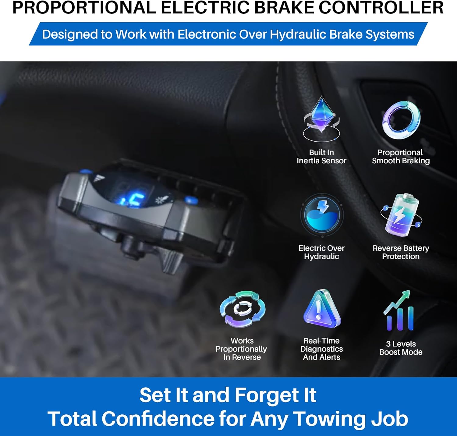 90885 Electronic Proportional Brake Control Kit for 1-4 Axle Trailers, Electric Over Hydraulic Brake Controller Compatible with Tekonsha Prodigy P2, Ford, GM, Chevy, Dodge, RAM, Toyota, Jeep