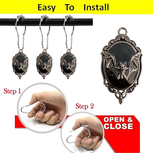 Miniatura 6 de Juego de 12 anillos de ganchos para cortina de ducha, murciélagos vampiros góticos, suministros para fiesta de Halloween, decoración de casa