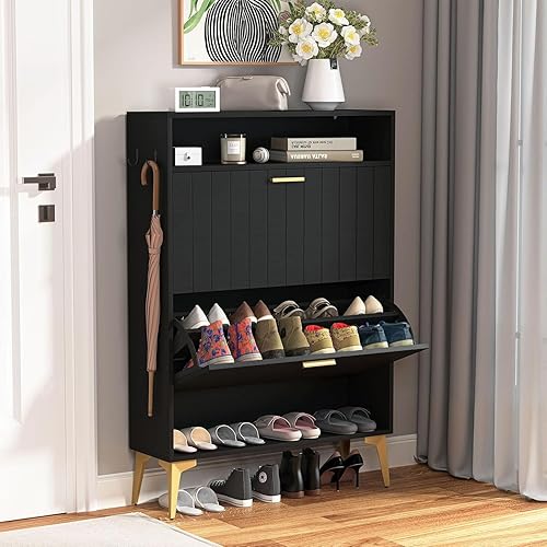 Miniatura 1 de UZUGUL Armario de zapatos para entrada, armario delgado de almacenamiento de zapatos con 2 cajones abatibles y 2 cubos, armario de zapatos de línea