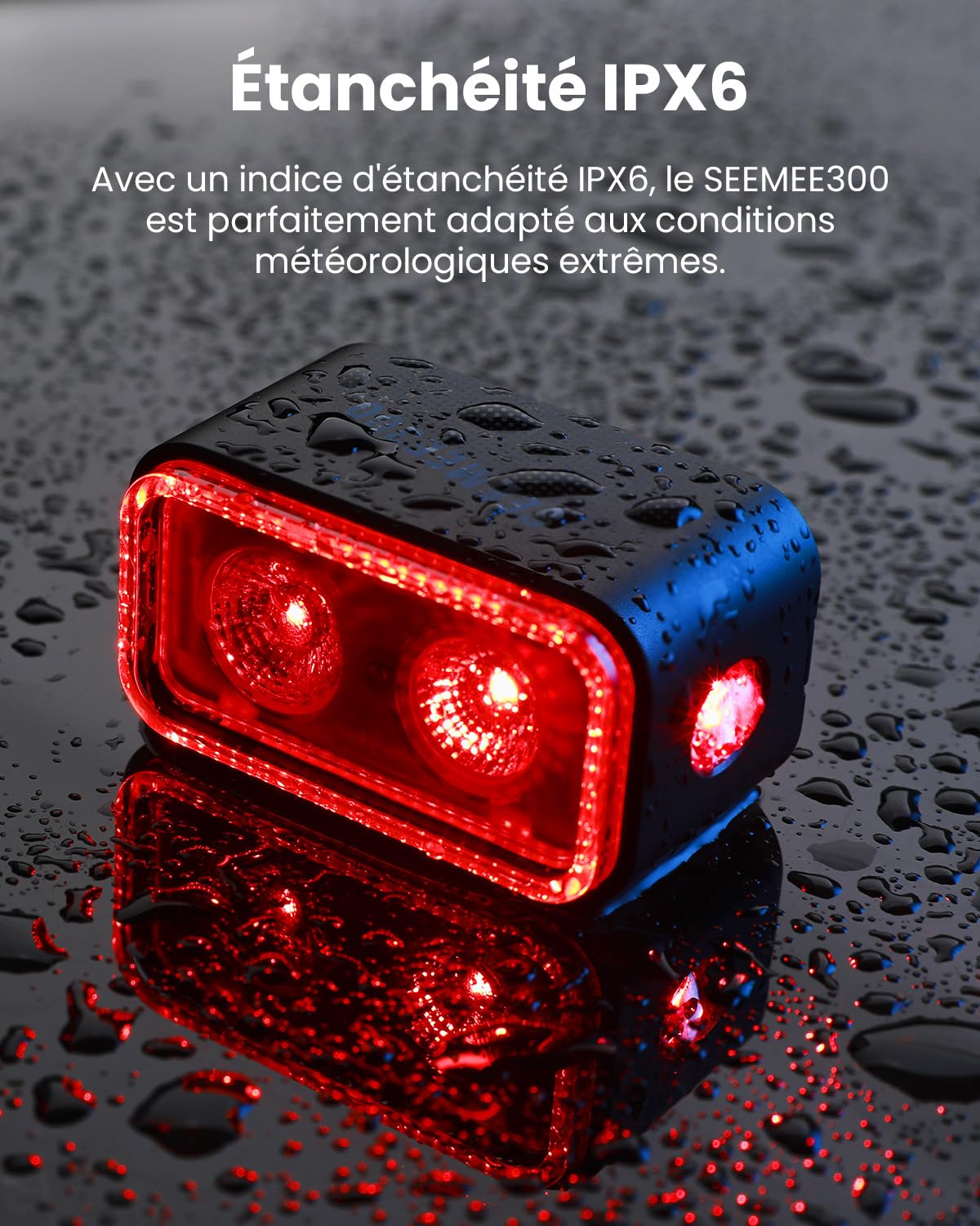 Feu arrière de vélo SEEMEE 300, 300 lumens, 5 Modes Nuit et Jour, capteur de freinage Intelligent, étanche IPX6, Rechargeable par USB-C, pour la Conduite de Nuit