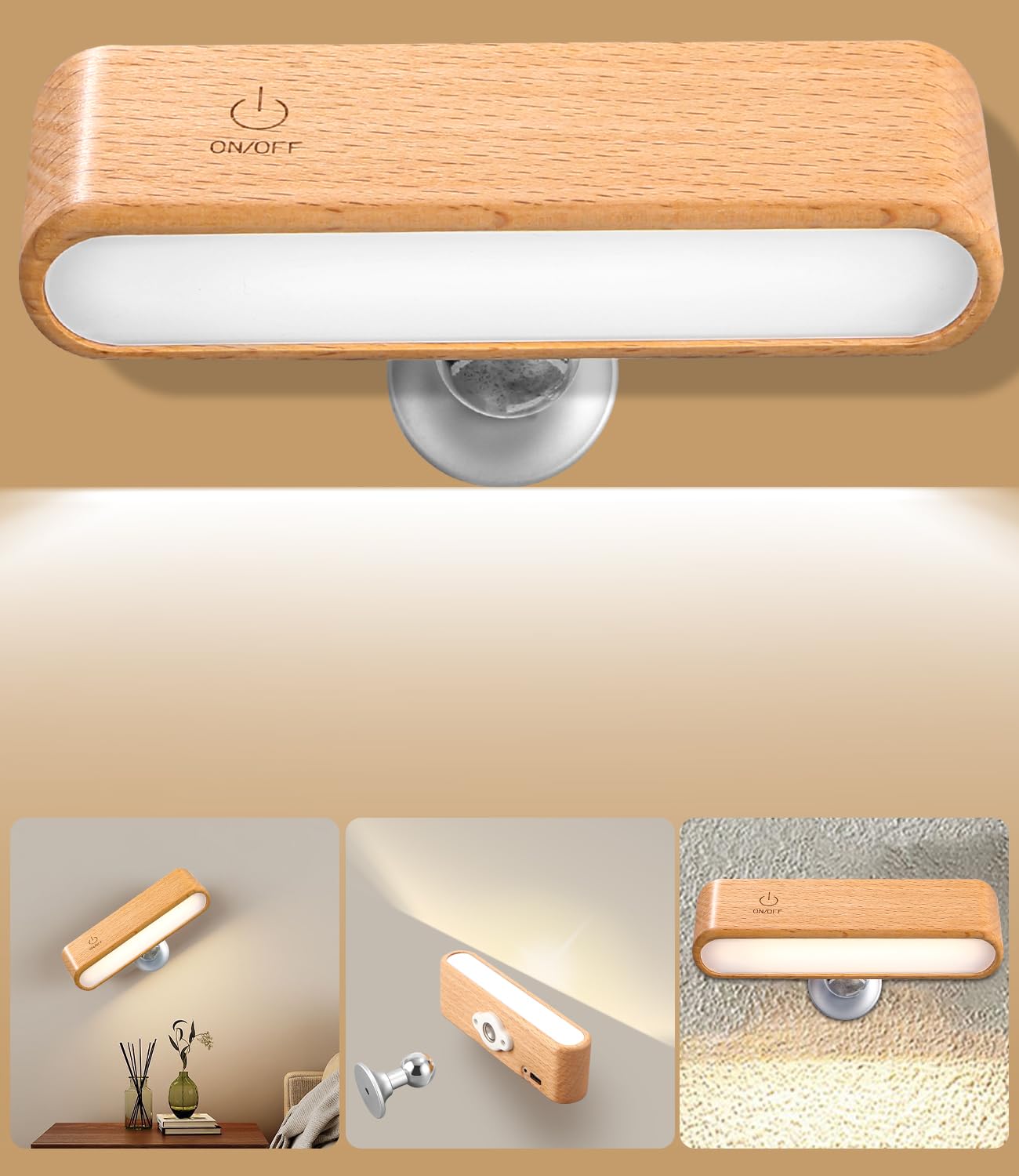 SOBEAU Indoor Wall Sconce, Rechargeable Wireless Wall Lamp, 3 Color Modes 3 Brightness Levels Touch Control Lighting with 360° Rotation, for Bedroom Living Room Reading