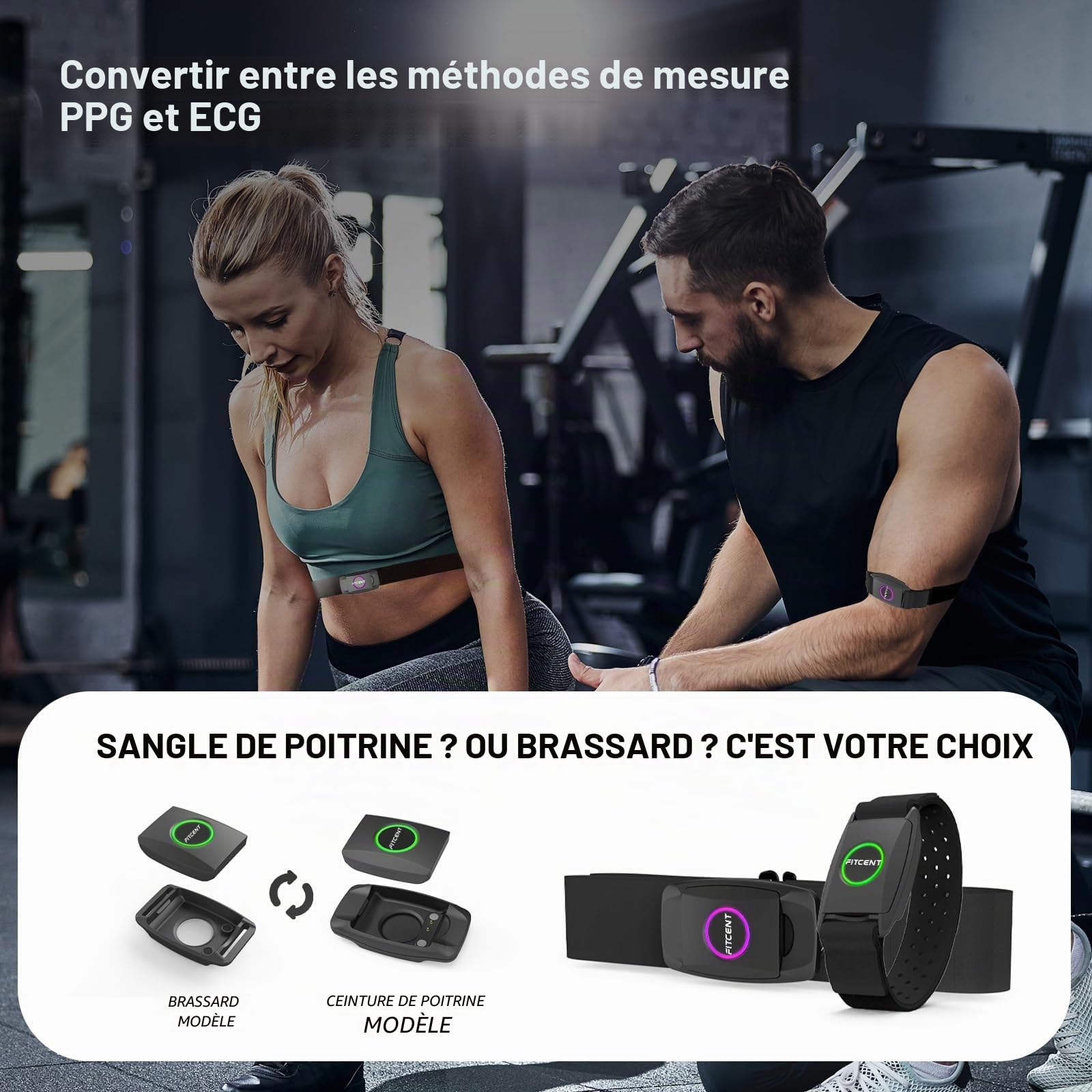 FITCENT Bracelet 2 en 1 avec Bluetooth 5.0 ANT+, capteur de fréquence cardiaque compatible avec montre Peloton Strava Wahoo Polar DDPYOGA Garmin