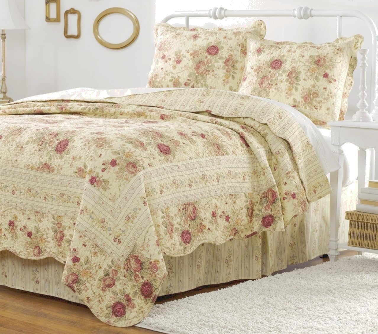 Finely Stitched Cottage Romantic Tailored Bed Skirt 15 inches Drop Floral Roses Print Pattern Cream Yellow 100 Cotton Queen Size