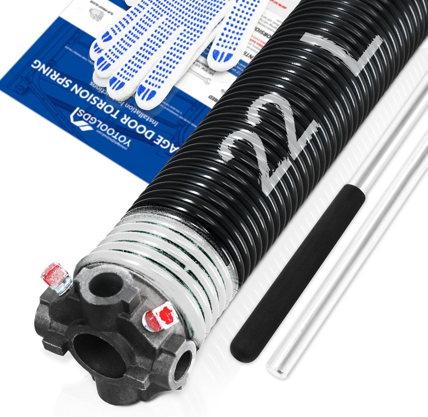 Left Hand Wind（Black Cone）2" Garage Door Torsion Spring with Non-Slip Winding Bars & Gloves, High Precision Electrophoresis Black Coated, for Replacement, MIN 16,000 Cycles (0.218x2''x22'')