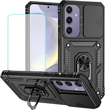Case for Galaxy S24 FE Case, Samsung S24 FE SM-S721U Case with Tempered Glass Screen Protector and Slide Camera Cover, 360 Rotate Ring Stand Magnetic Cover for Samsung Galaxy S24 FE Black