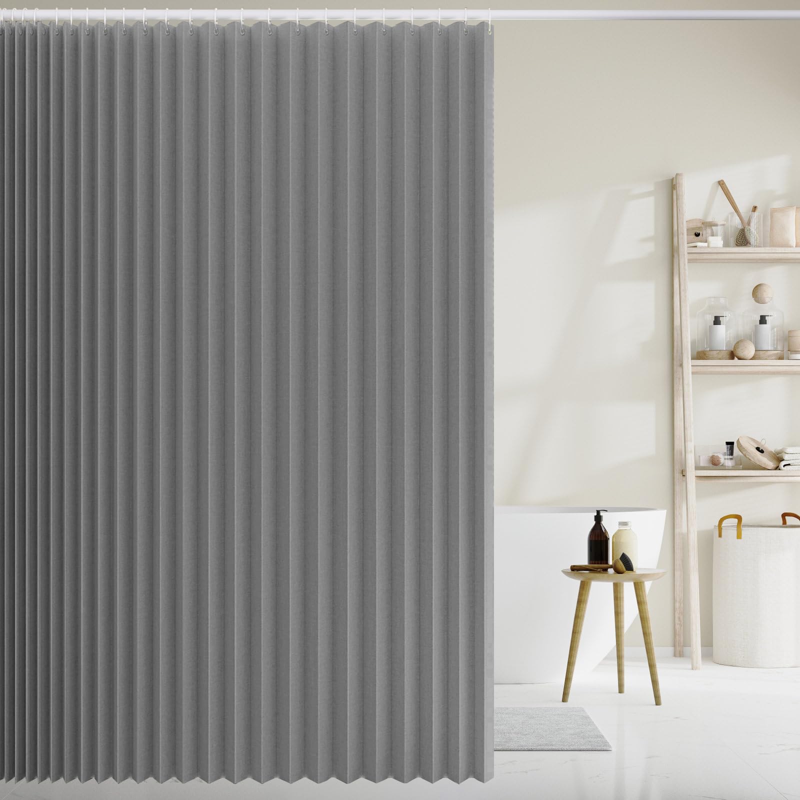 Cortina Ducha de Lino Plegable Impermeable, Gris, 130x200cm | Cortina de ducha magnética antimoho resistente para baño con ganchos , 210 g/m²
