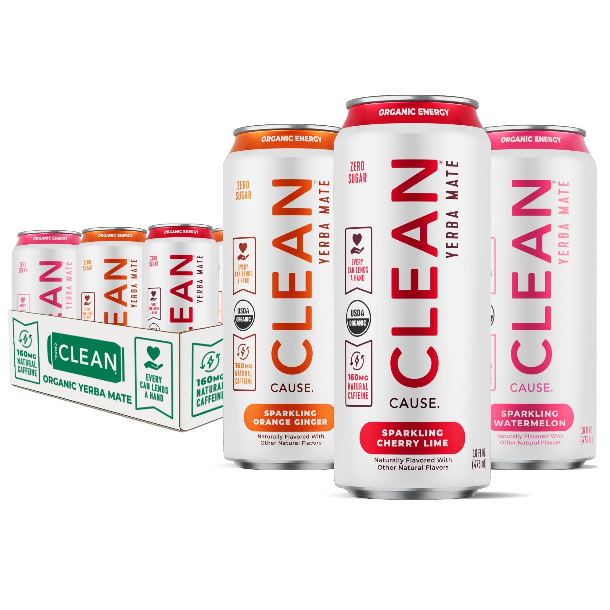 - CLEAN Cause Zero Sugar Variety Pack Yerba Mate Tea Sparkling, USDA Organic Energy Drink Alternative, Zero Calorie, 160mg Natural Caffeine, Soda Alternative, Plant-Based (16oz cans, 12-Pack Case, 3 Flavors)