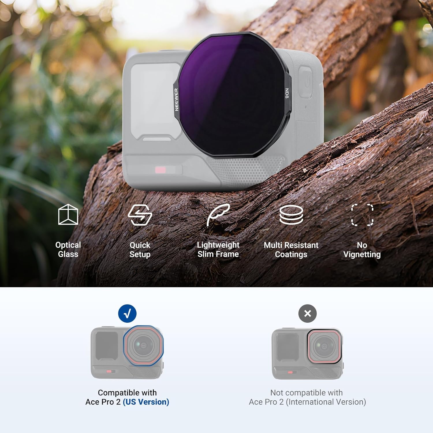 NEEWER Filter Set Compatible with Insta360 Ace Pro 2 US Version Only (Octagonal Lens Shape), ND8/16/32/PL, Snap On Neutral Density Polarizer Filter Action Camera Accessories, FL-C78