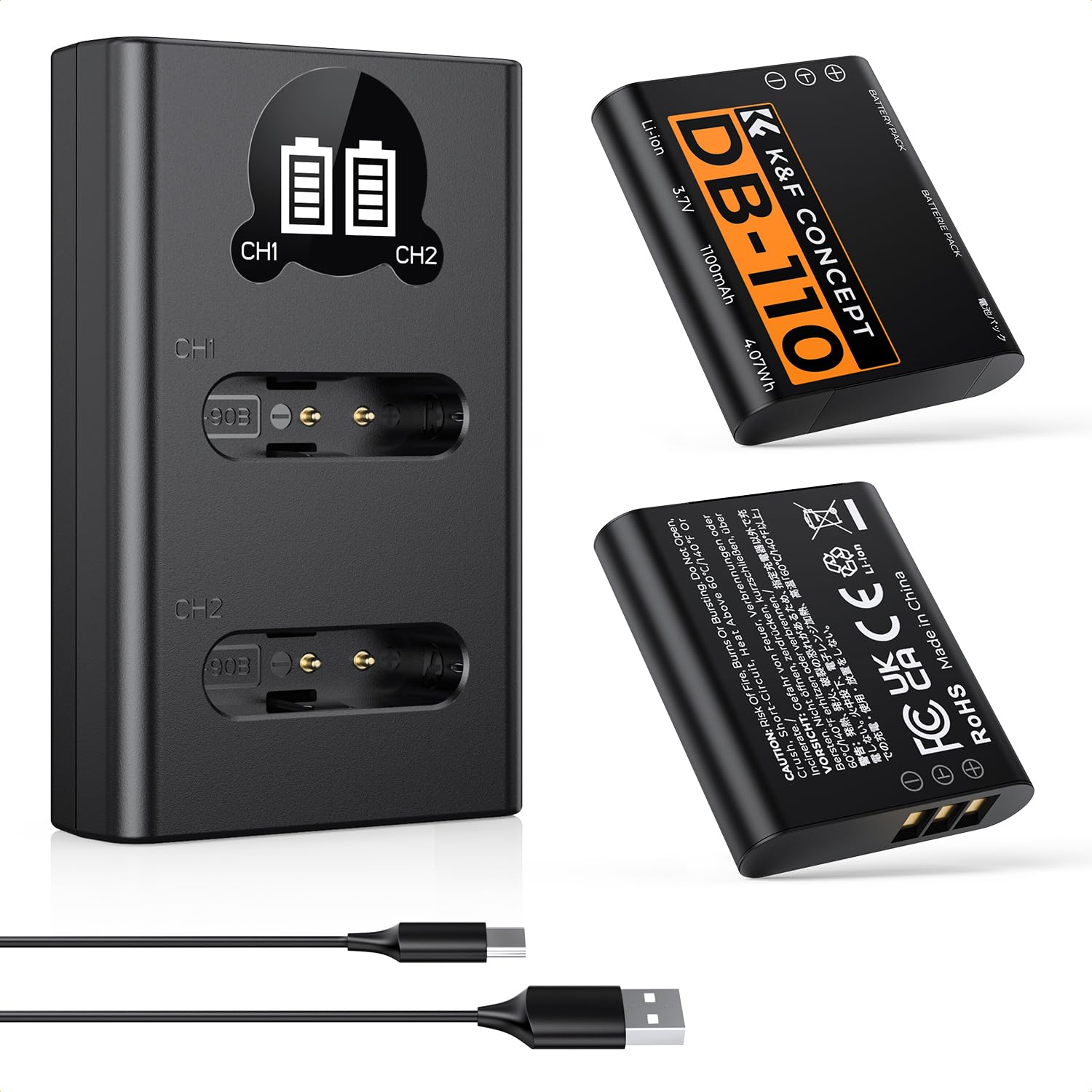 K&F CONCEPT 2 Batteries DB-110 + Chargeur LCD à Double Fente Compatible avec Utilisant des Batteries Li-90B/Li-92B Olympus TG7/6/5/4,Ricoh GR III, GR IIIx, Theta X, WG-6, G900, G900 II, G900SE II.
