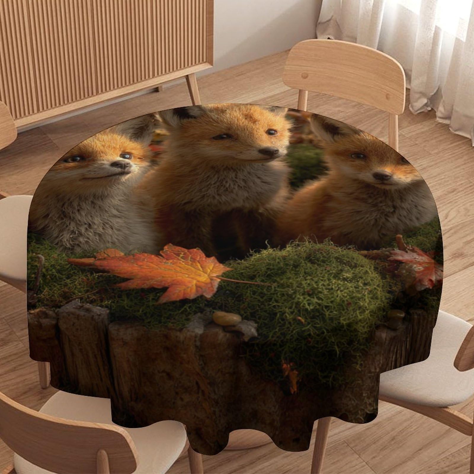 LUYYSKY Beautiful Rustic Fox Waterproof Round Tablecloth Classic Abstract Natural Autumn Woodland Maple Leaves Animals Foxes Washable Table Cover for Kitchen-127 Wx127 L cm