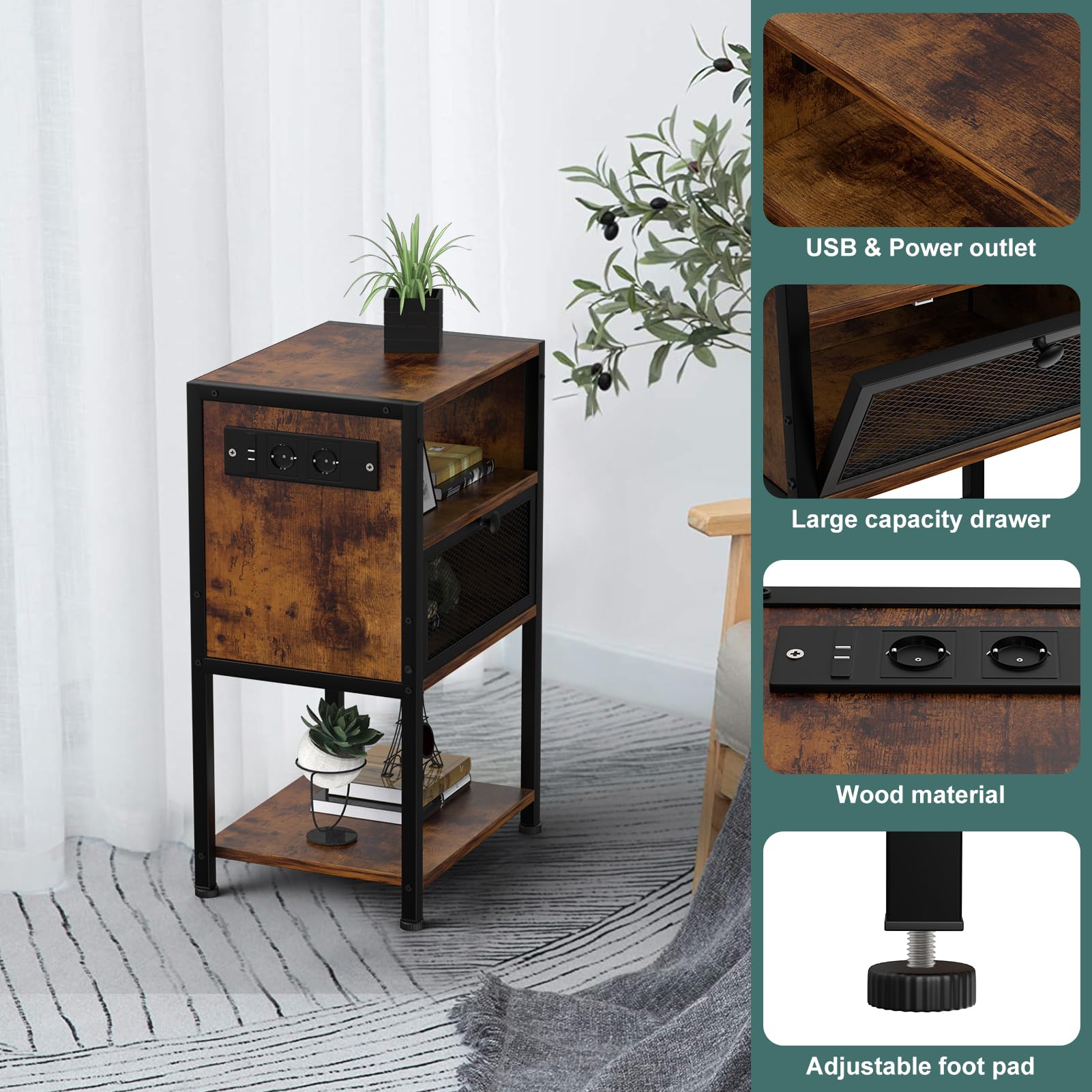 Tavolino Piccolo Con Stazione Di Ricarica USB E Prese - Comodino Stretto 60x30x61 Cm, Con Tasca Portaoggetti Per Soggiorno E Camera Da Letto