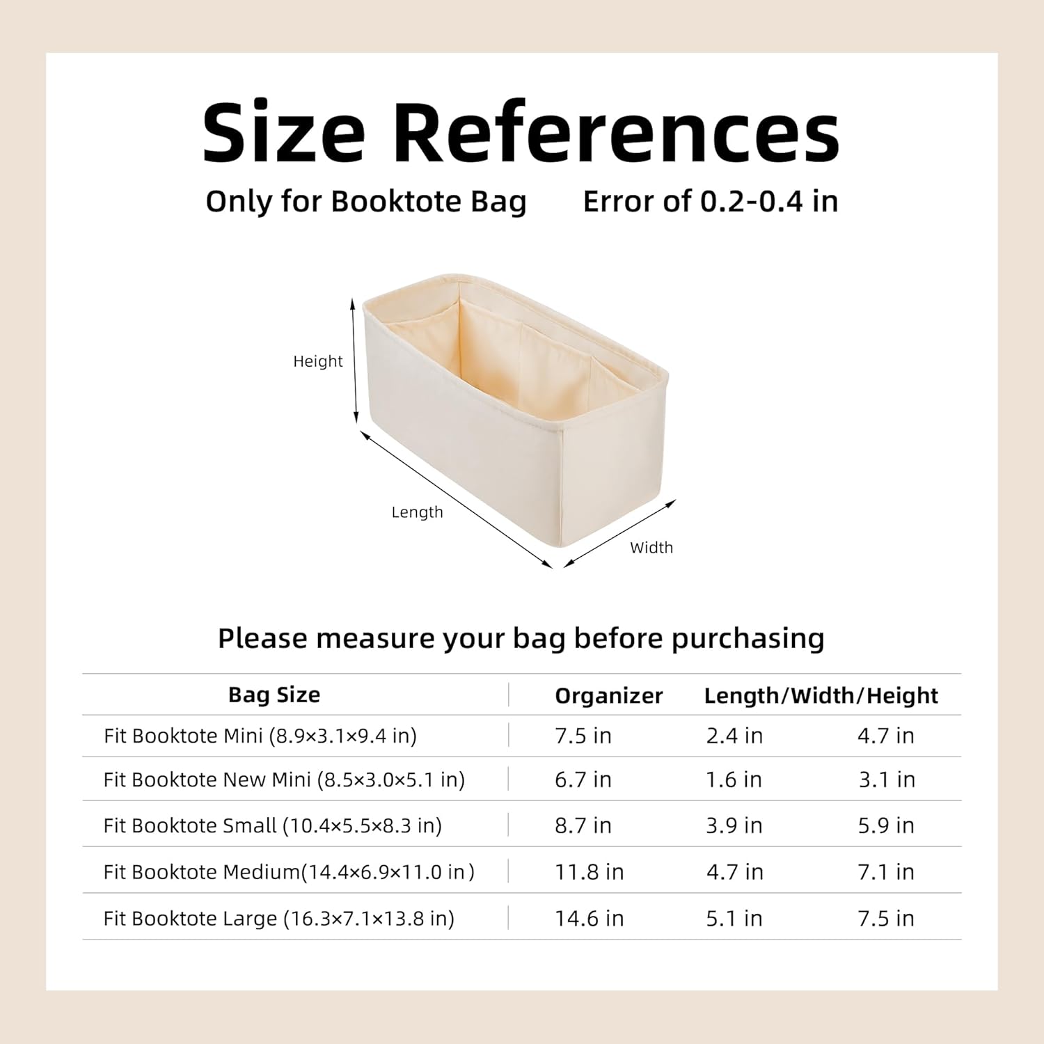 DGAZ Silk Purse Organizer Insert For Dior Book Tote mini/S/M/L，Silky Smooth Bag Organizer，Luxury Handbag & Tote Shaper（Craie，BT-L）