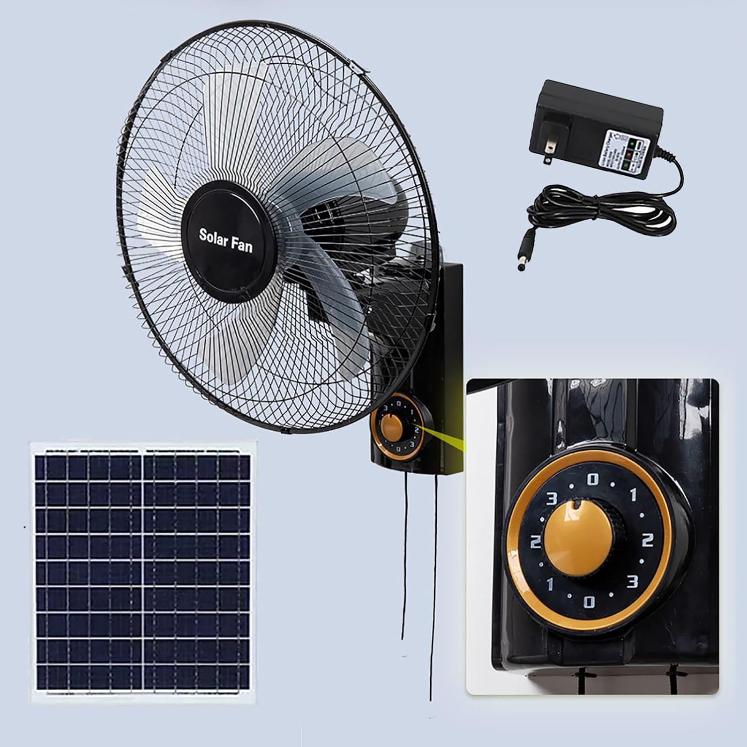 16" Outdoor Oscillating Household Fan, Wall Mounted Fan, Solar Fans,5 Blades 3 Speeds, 90° Oscillating, Adjustable Tilt, High Velocity, Solar Panel/Power Adapter, Outdoor/Indoor
