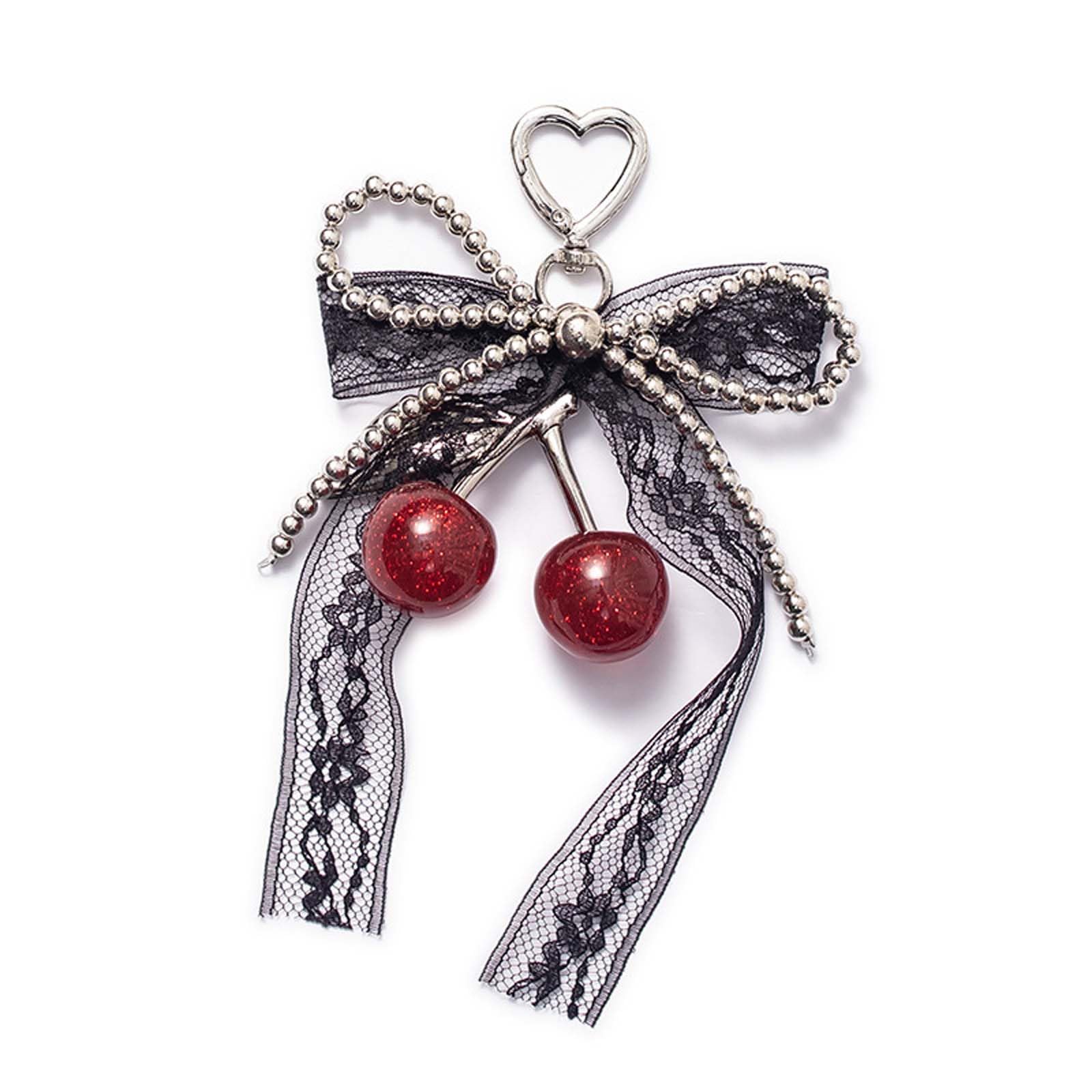 Litwlly Cute Cherry Bag Charms for Handbags, Sparkling Cherry Keychain Lace Bowknot Purse Charms Decoration for Women Girls (Silver)