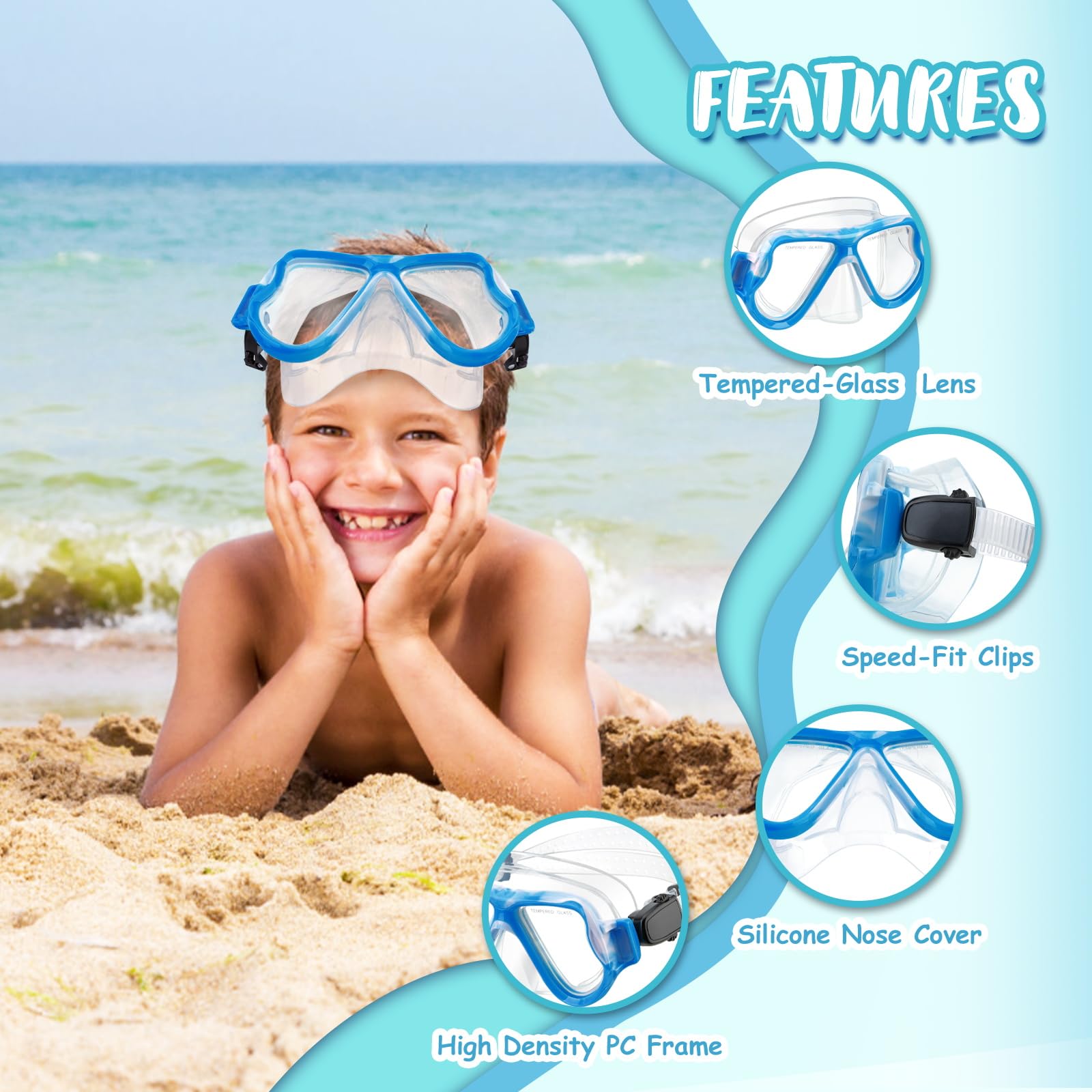 Set da snorkeling per bambini dai 6 ai 14 anni, attrezzatura da snorkeling per bambini con Dry Top, anti-perdite, anti-appannamento, vista panoramica, set per ragazzi e ragazze, blu