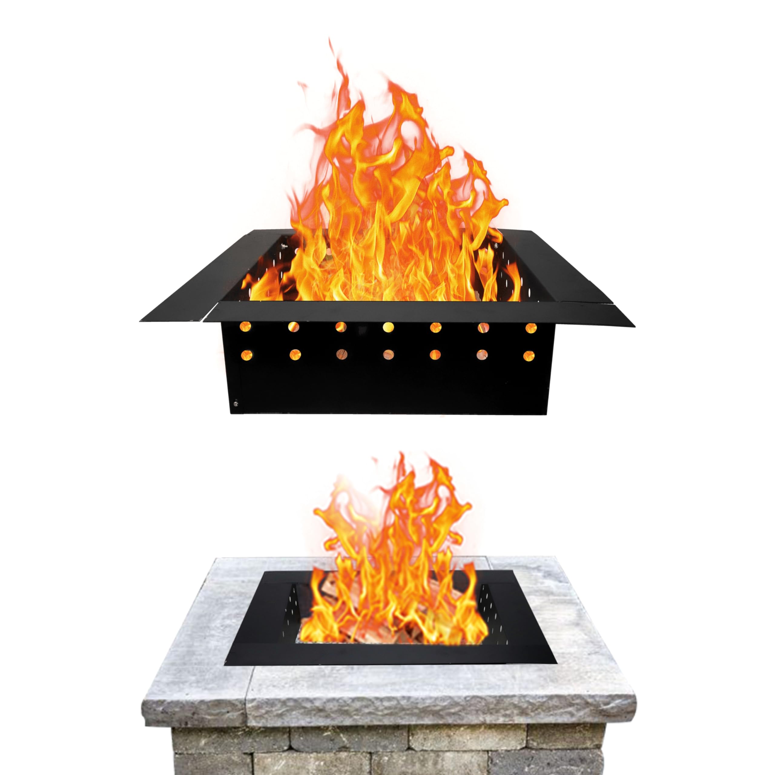 FEBTECH Smokeless Fire Pit Ring Insert - 32" OD & 24" ID - Premium 2MM Powder Coated Carbon Steel Square Fire Ring with Air Vents -DIY In or Above Ground Fire Ring for Outdoor Garden, Patio & Backyard