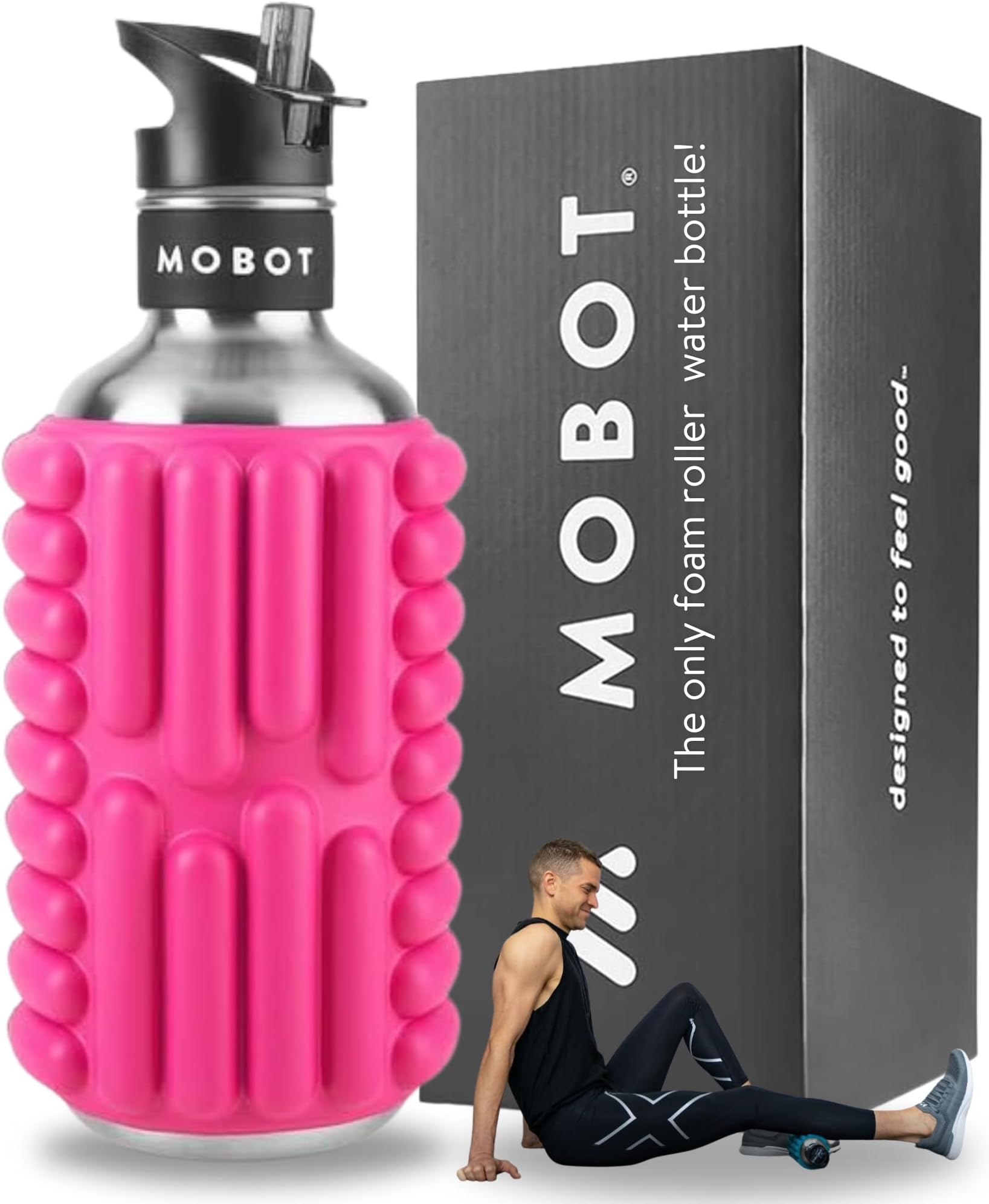 MOBOT Official Grace 27oz Foam Roller Water Bottle, 100% Stainless Steel, 2-in-1 Travel Size Foam Roller Water Bottle for Yoga, Workout, and Exercise, Candy Pink