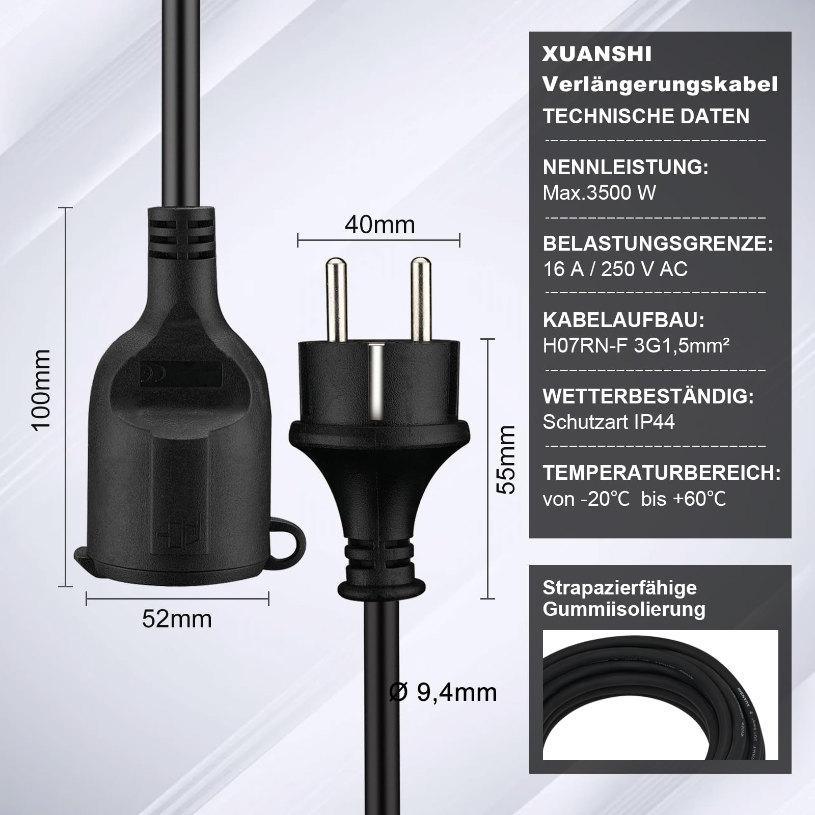 XUANSHI Cavo di prolunga da 15 m, H07RN-F 3G1,5 mm², IP44, Schuko, Nero, 3500 W, 16 A, 250 V, Gomma, Interni ed Esterni