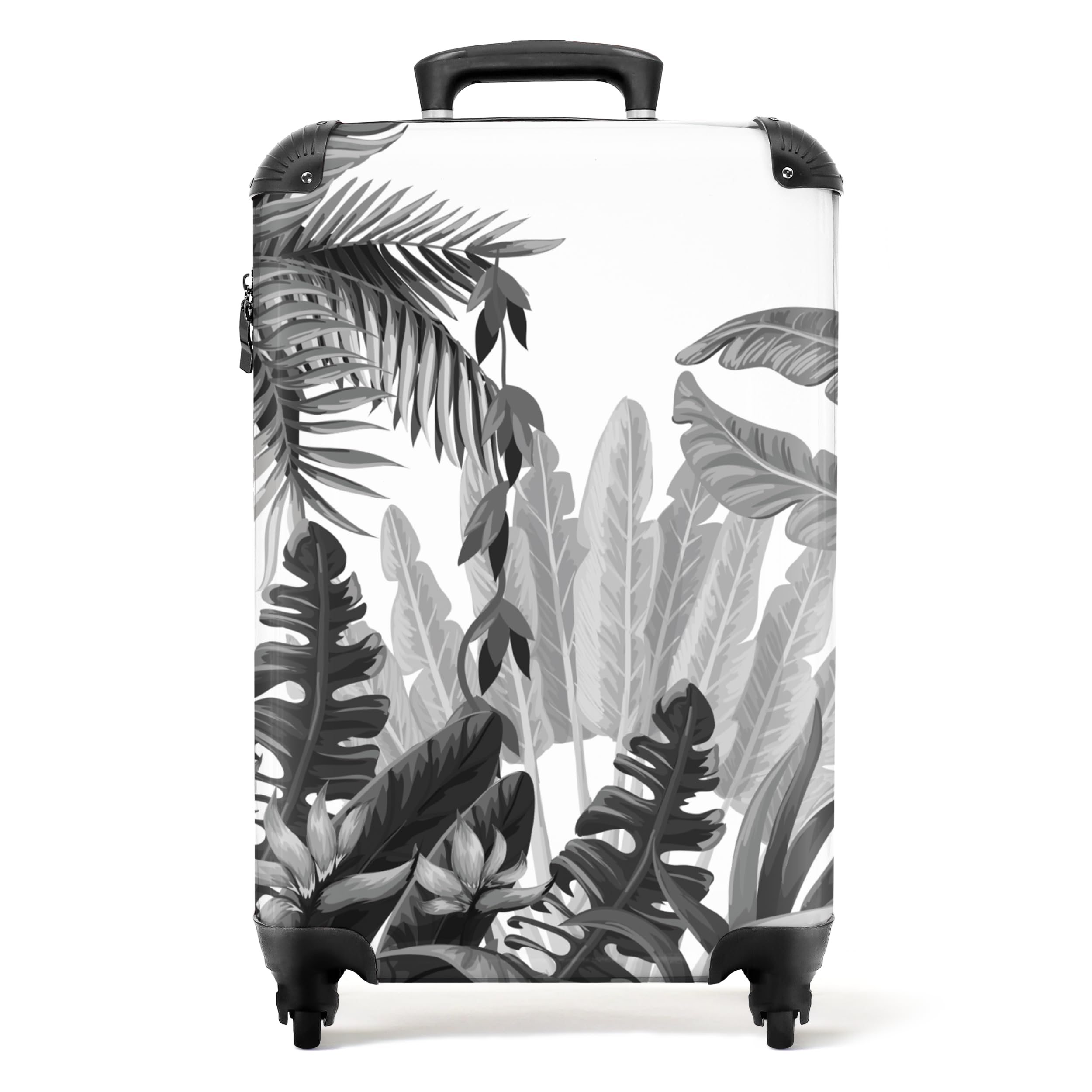 NoBoringSuitcases© Valigia a mano, trolley, piccola valigetta | 55 x 40 23 cm - viaggio, vintage, giungla, foglie, piante, colore nero e bianco, dimensioni cabina < 20 cm