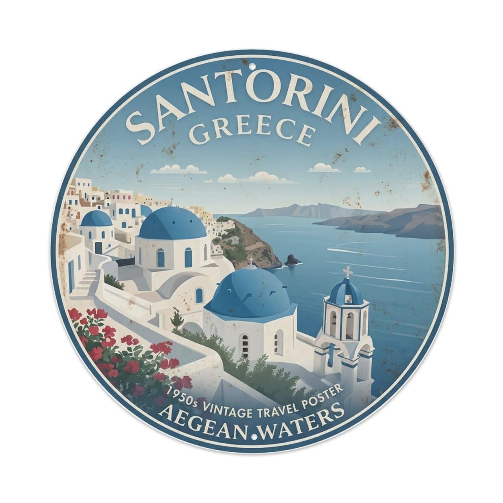 Fqnyr Style Metal Tin Sign Vintage Travel Aegean Santorini Waters