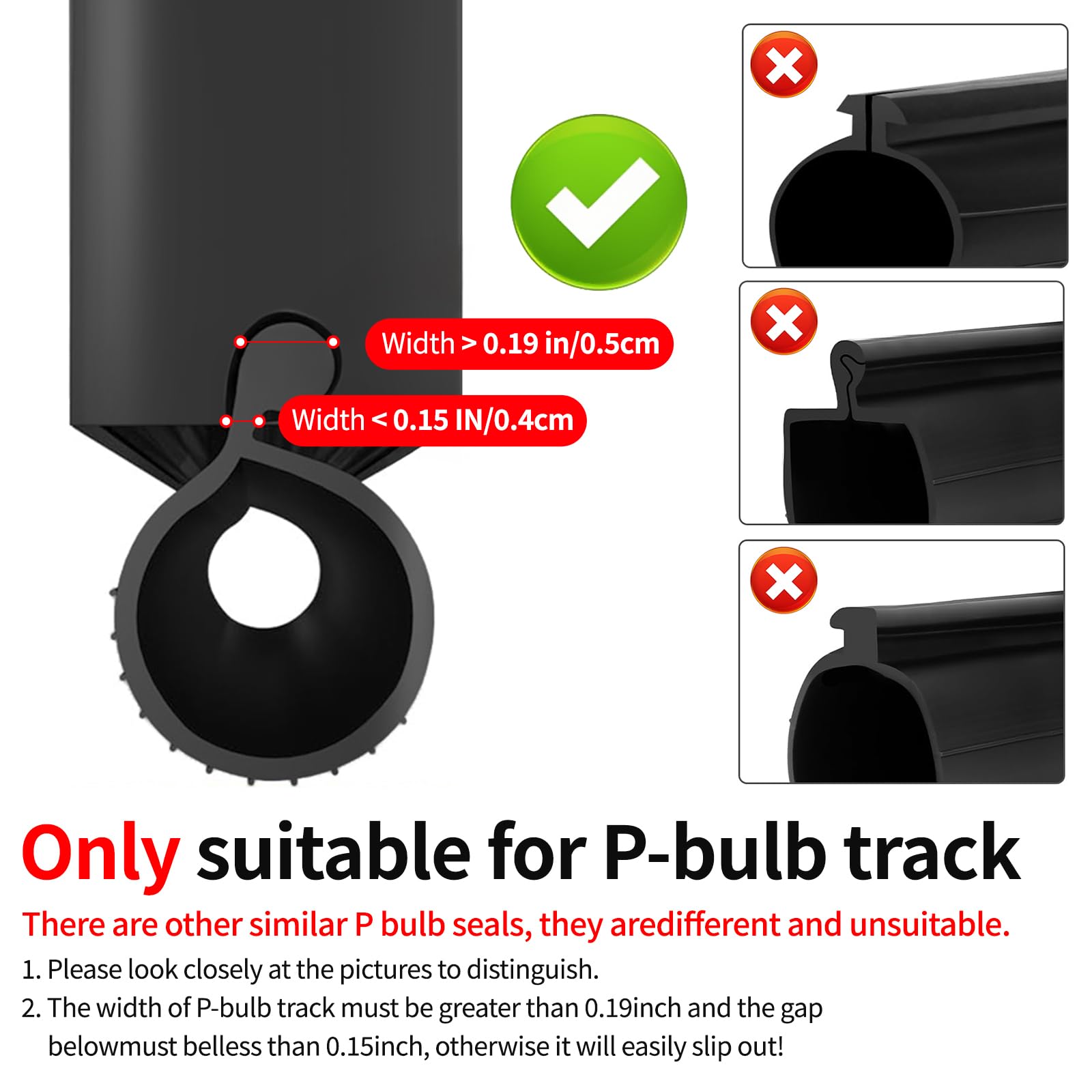 3m longueur, 0.5cm P Bulb Garage Door Seals Bottom EPDM Rubber Bottom Weather Garage Door Stripping Seal Replacement, Sceau pour porte de garage à canal unique, Noir