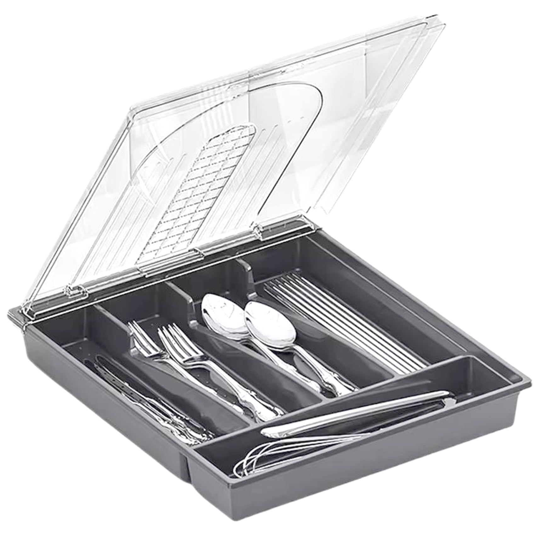 Wedhapy Utensil Holder with Lid Silverware Organizer with Lid, Covered Utensil Tray for Kitchen Drawer and Countertop, Plastic Cutlery and Flatware Storage Box, Grey