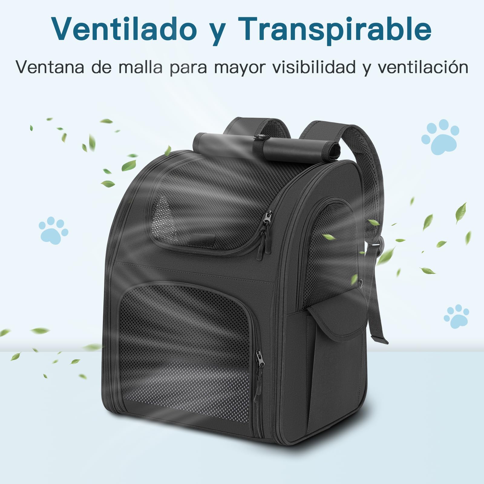 Mochila para Gatos Perros, Mochila Transportin Gato Perro 10kg, Ventanas de Malla Transpirable Bolso para Perros Pequeños Gatos Mascotas con Correa de Seguridad y Alfombra para Mascotas - Negro