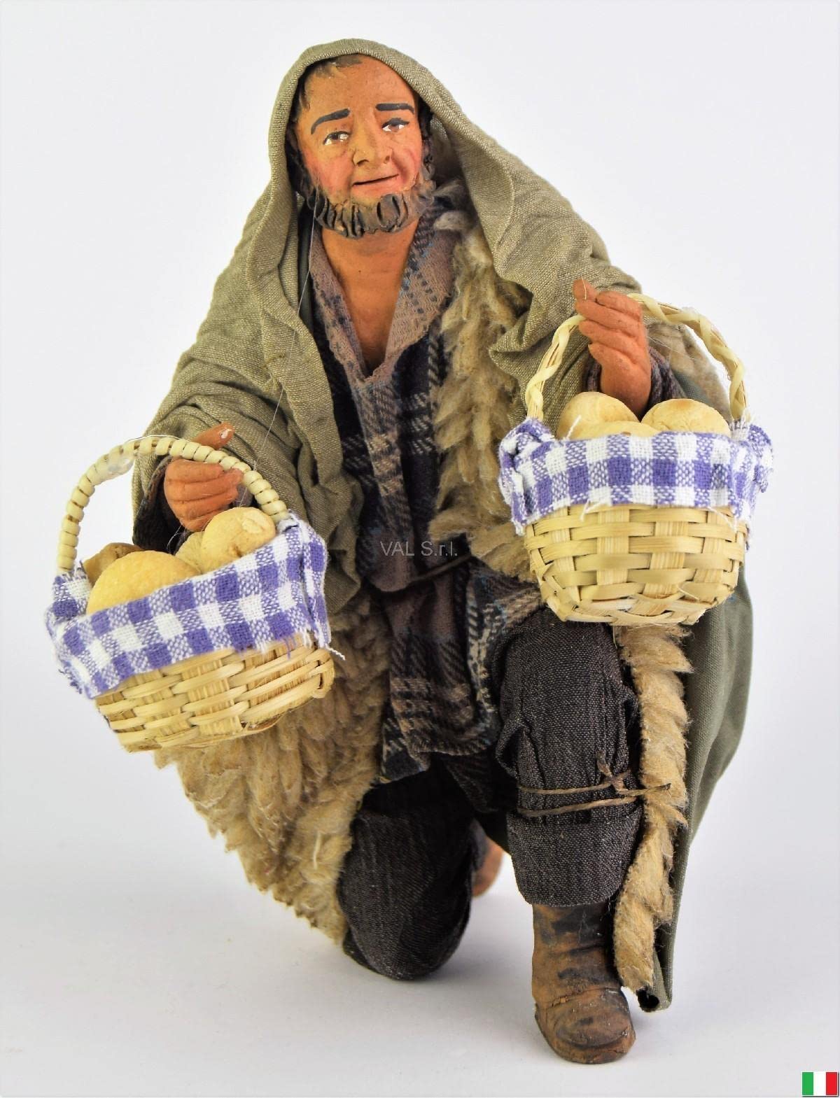 HolyRome Uomo in Ginocchio con Cesti di Pane 20 cm (7,87 inch) - Presepe Napoletano Terracotta