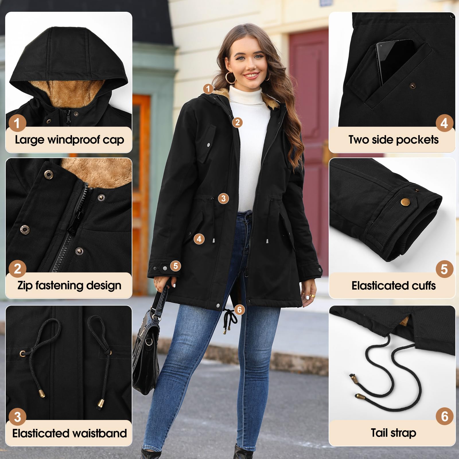 Vancavoo Cappotto Giubbotto Donna Parka Invernale Giacca Cappotti Imbottita Caldo Felpa con Cappuccio Media Lugghezza Giaccone Outdoor