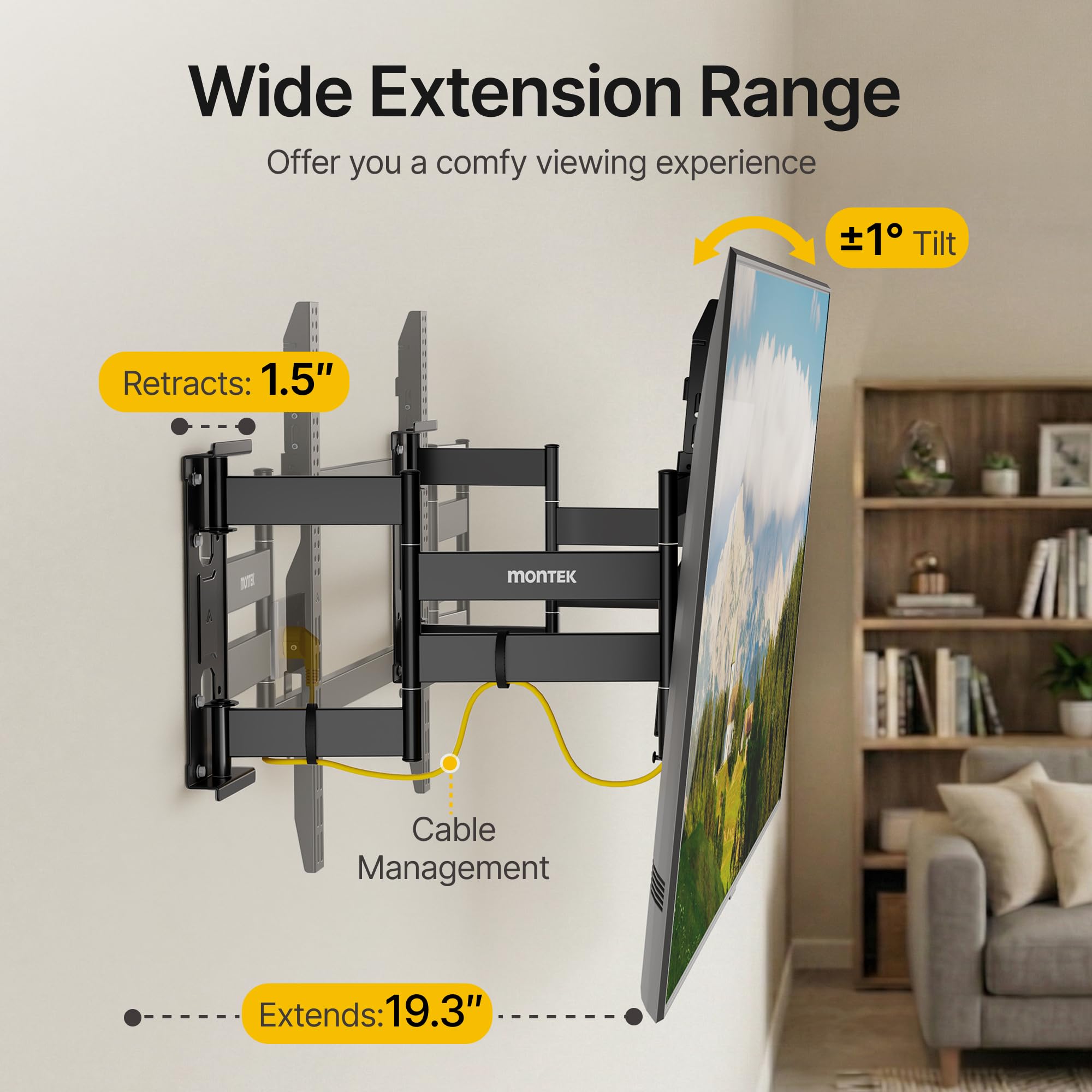 monTEK Soporte de pared de esquina resistente para televisores grandes de 65 a 100 pulgadas, soporte de TV de movimiento completo con brazo articulado de 19.3 pulgadas de largo, brazo de pared doble