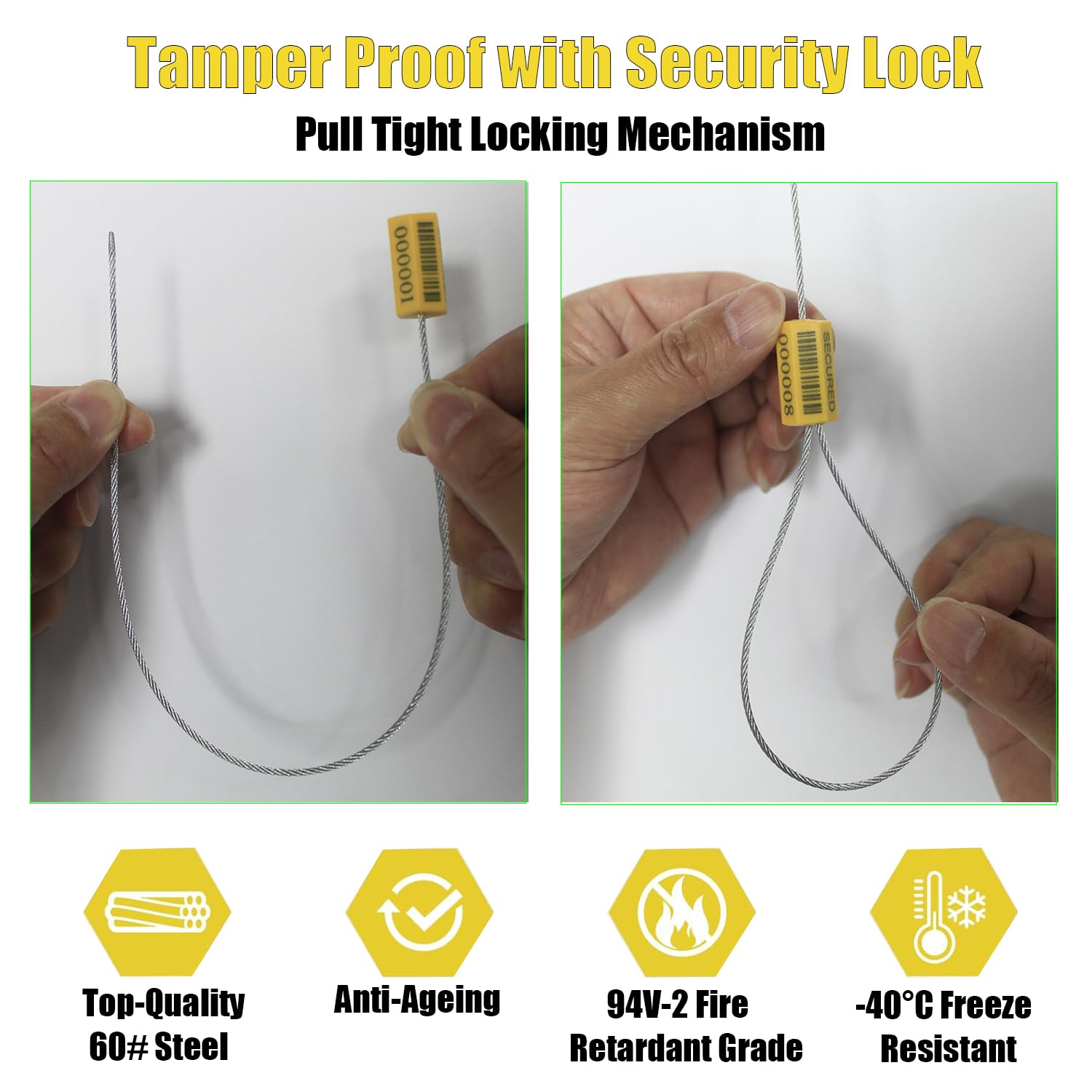 100 sellos de cable de seguridad con código de barras de 1,8 mm x 11,8 cm para camión, remolque, contenedor y envío de carga (correa de alambre de acero Pull-Tite, candado autobloqueante a prueba de