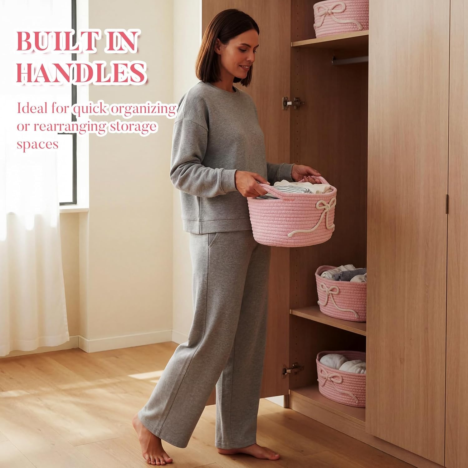 Glooglitter 3 Pcs Pink Bow Storage Baskets Woven Cotton Rope Laundry Hamper with Handles for Home Decor Organization Baby Room Bedroom (Solid Color)