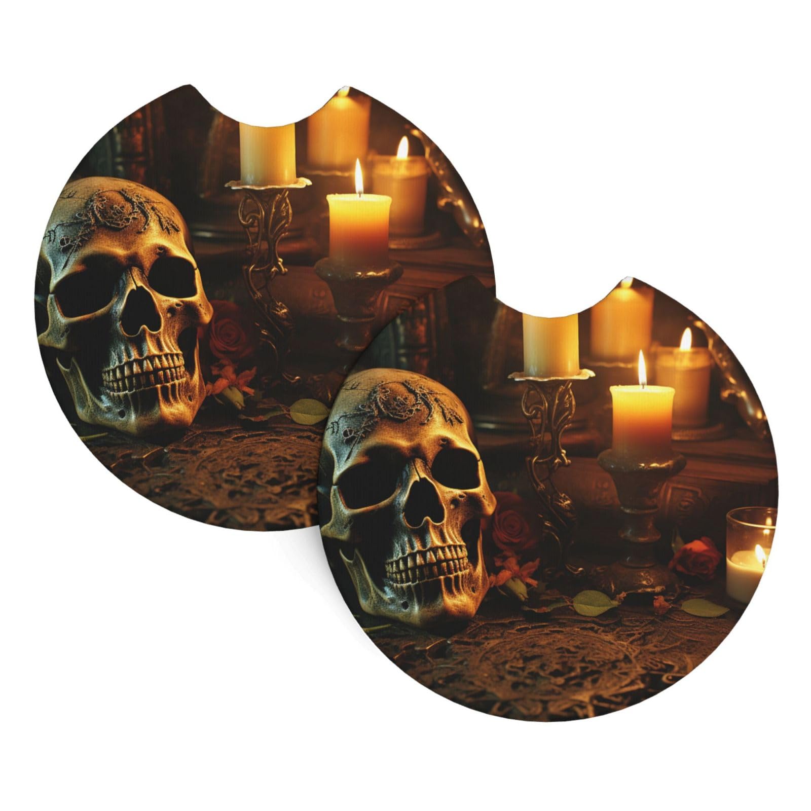 2PCS Car Coaster for Cup Holders Universal Auto Cup Mat Candles and Scary Skull Cup Coaster Pad 2.7" Waterproof Neoprene Non-Slip Cup Holder Coasters Car Interior Accessories for Women Men