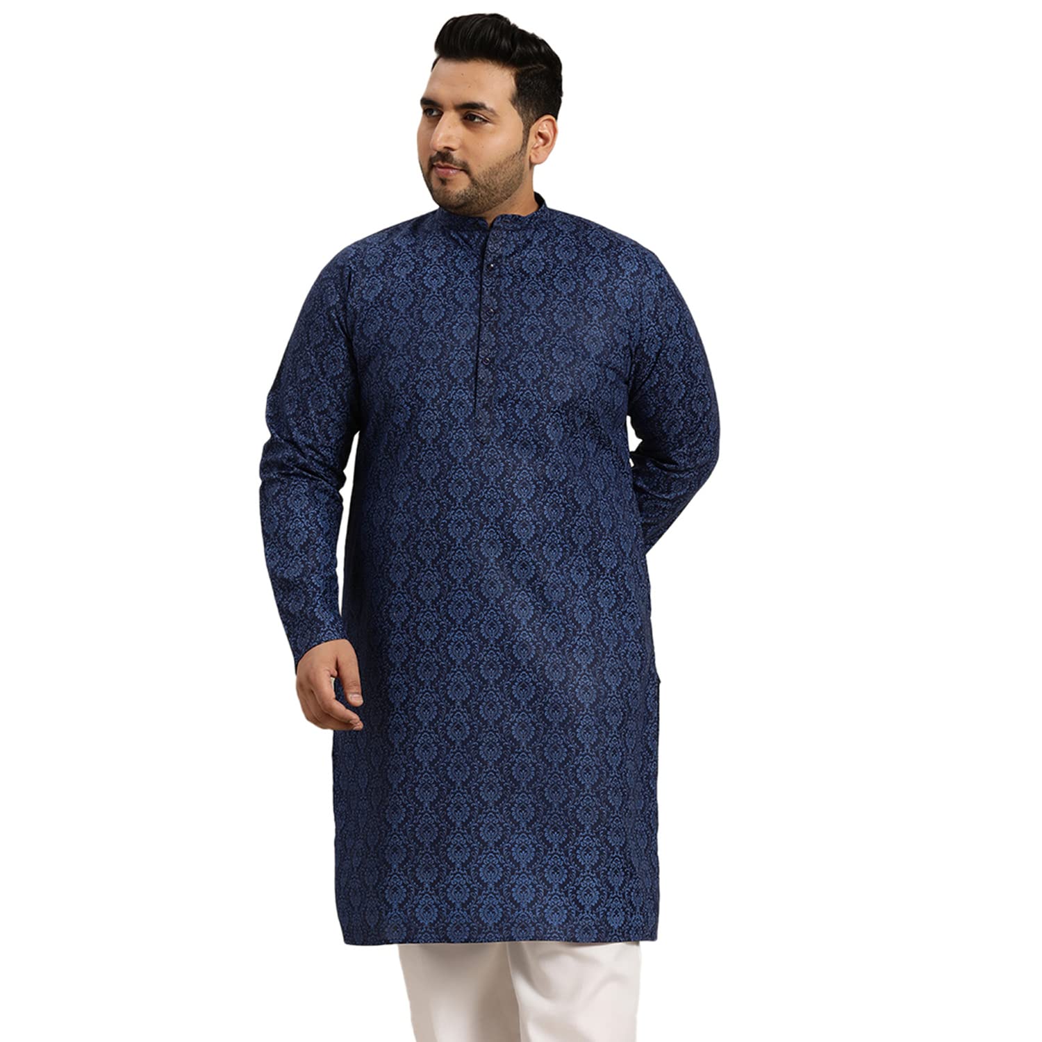 Sojanya Plus (Since 1958) Men's Cotton Blend Navy Blue And Black Printed Only Long Kurta
