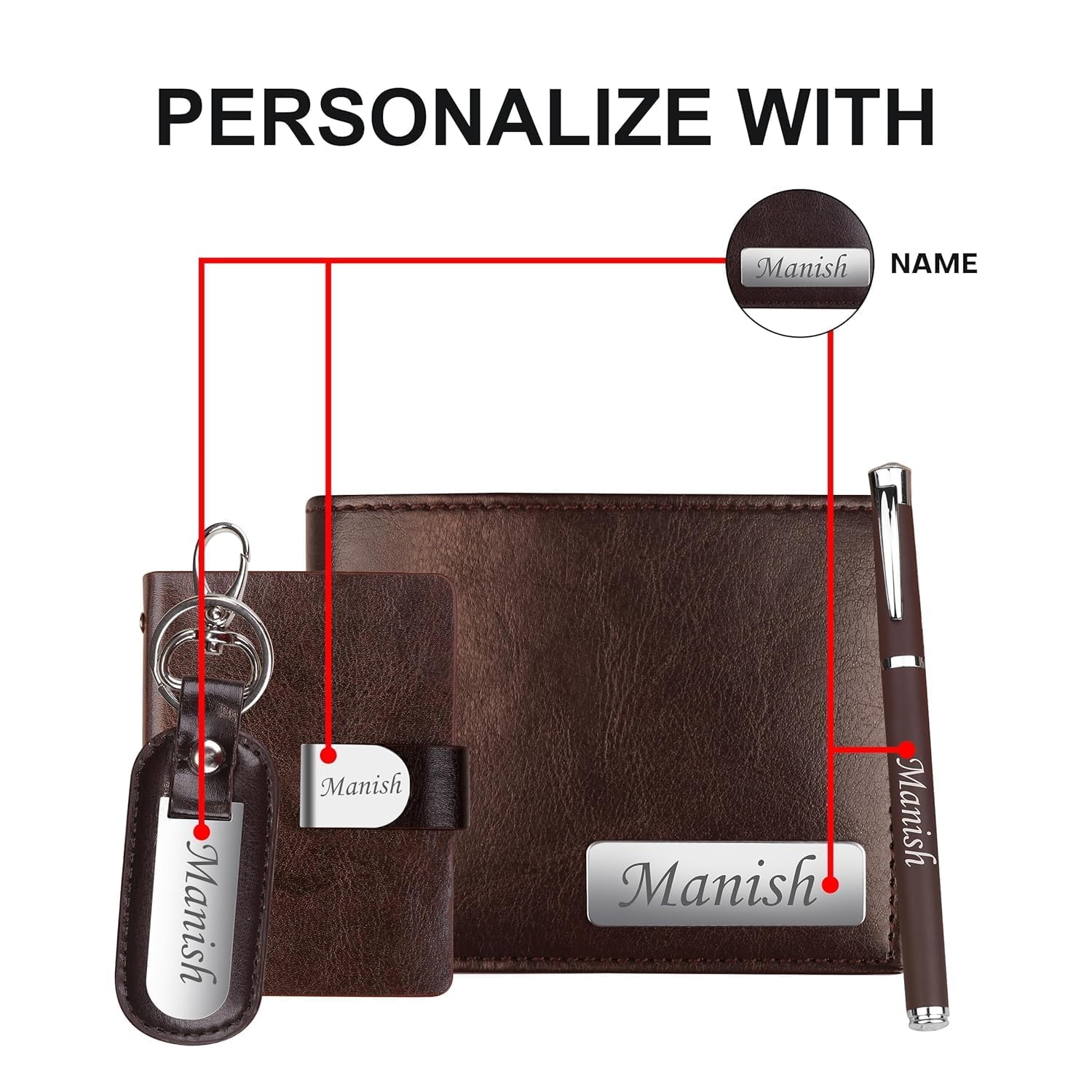 The Wallet Store Personalized Wallet, Pen, Key Chain & Cardholder Gift Set | with Name | Vegan Leather | Best Gift for Brother, Husband, Boyfriend, Father, Etc (BROWN-PN03-CH03-KC13-WL15) 1