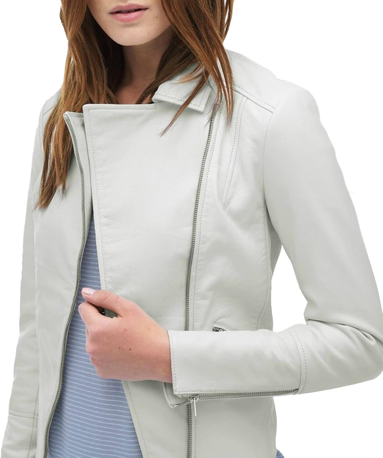 Azrah 100% Leather Jacket for Women - Collarless Deep Neck & Slim Fit - Moto, Bomber, Biker Winter Casual Wear - Image 2