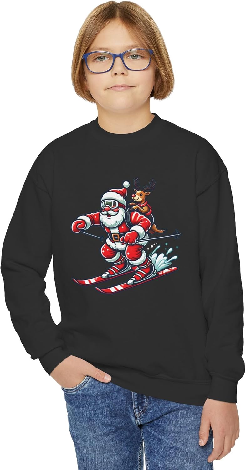 Kids Skiing Sweater Santa and Reindeer Christmas Sweatshirt for Kids Youth Holiday Winter Sports lover Gifs for Boys Girls