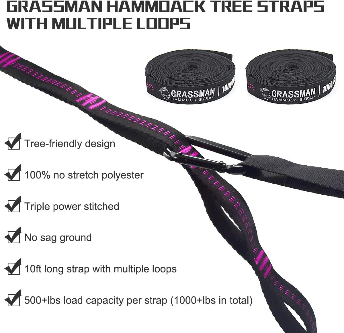 Grassman Hammock Straps, 10ft Long Hammock Strap Set 20+1 Loops, Rip-Resistant 1000lbs Capacity Tree Straps for Hammocks, Compact, Lightweight and Easy to Use : Patio, Lawn & Garden