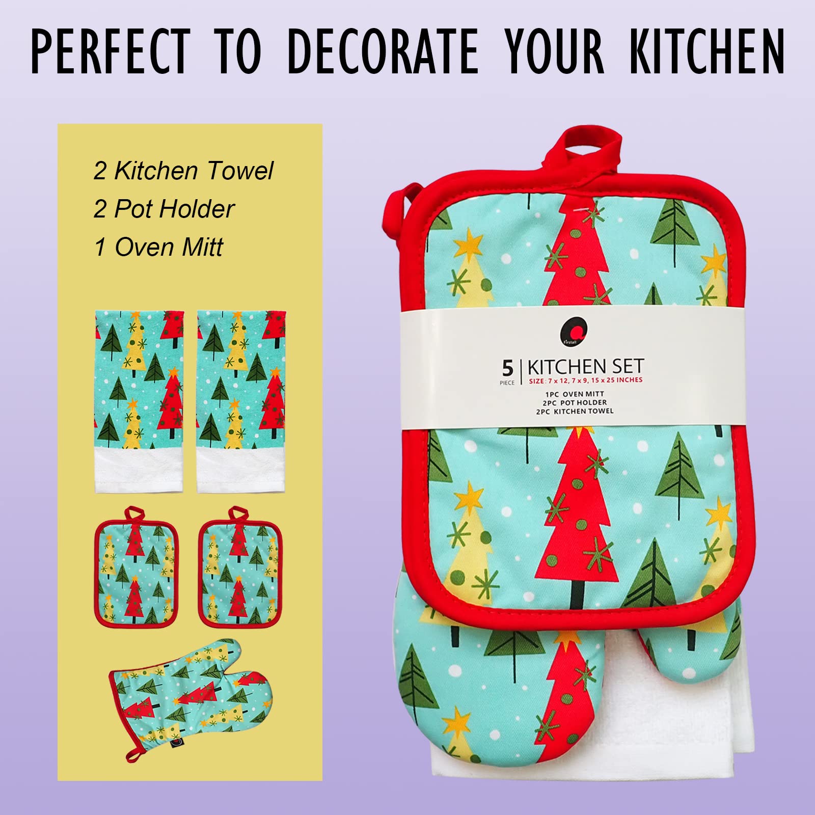 Juego de manoplas de horno y agarraderas 100% algodón perfecto para regalo, hornear y cocinar todos los días, resistente al calor para cocina (árbol de Navidad de 5 piezas)