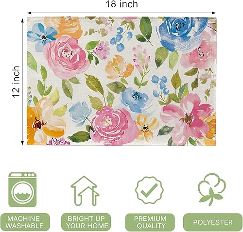 Miniatura 2 de Seliem Juego de 4 manteles individuales florales de primavera y verano, con diseño de hojas de peonía de acuarela, decoración de cocina de