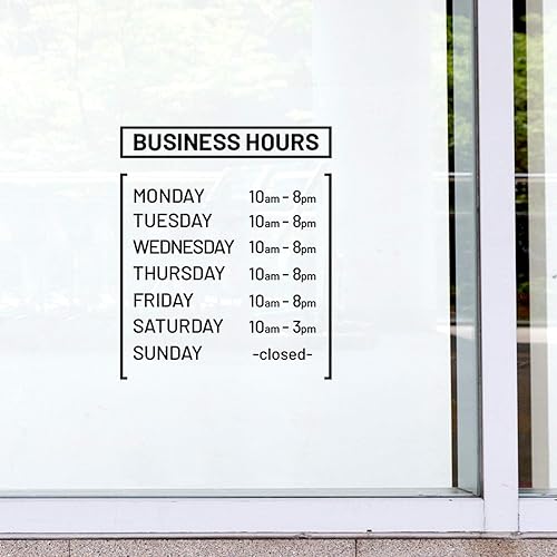 Calcomanía de vinilo para pared, horario comercial personalizado, 12.5 x 15 pulgadas, moderno letrero informativo blanco para tienda, restaurante,