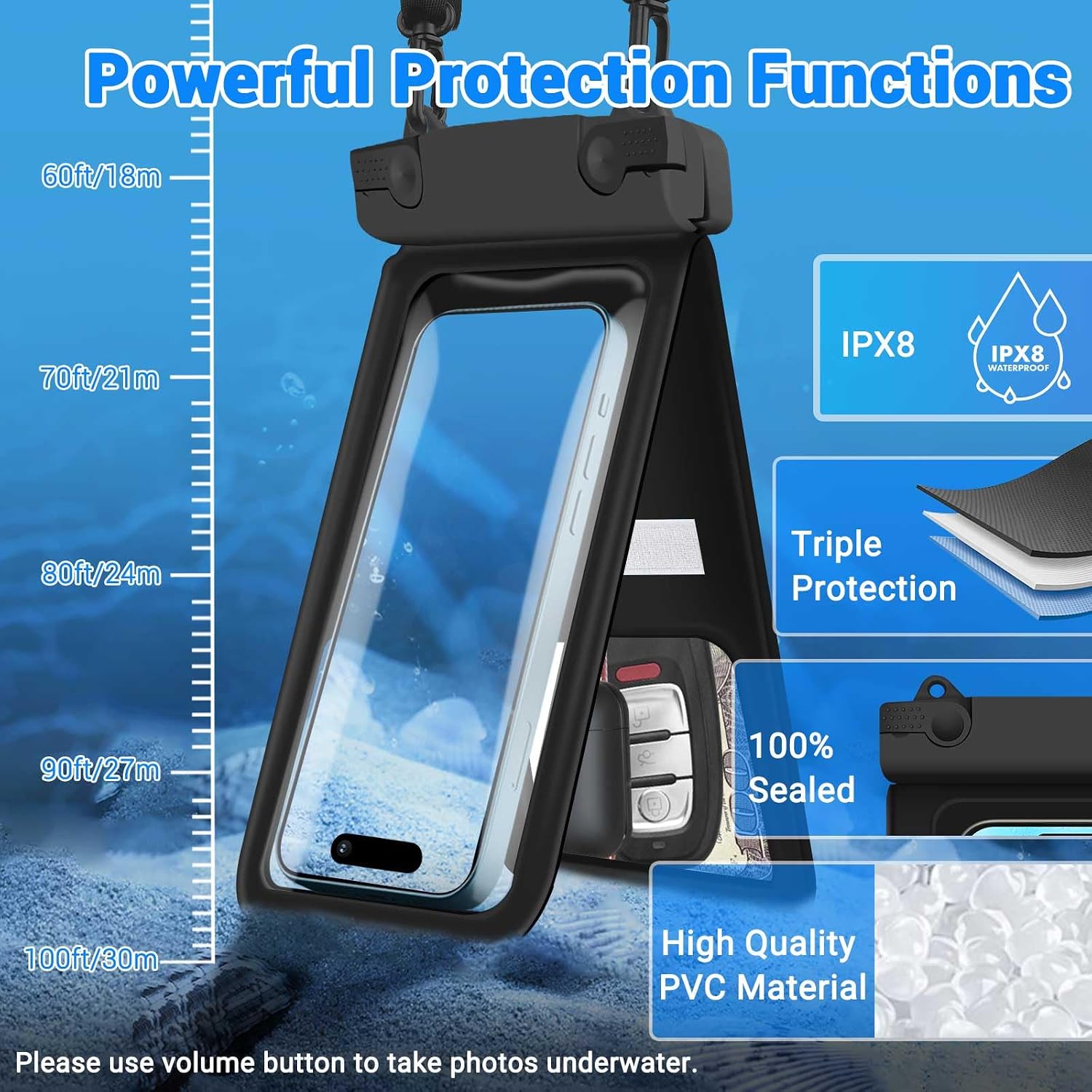 Waterproof Phone Pouch, IPX8 Double Space Cell Phone Case for iPhone 15 14 13 Pro Max Plus Samsung Galaxy S23 S22 Ultra, Detachable Lanyard, Cruise Ship Essentials, 2 Pack(Black+Black)