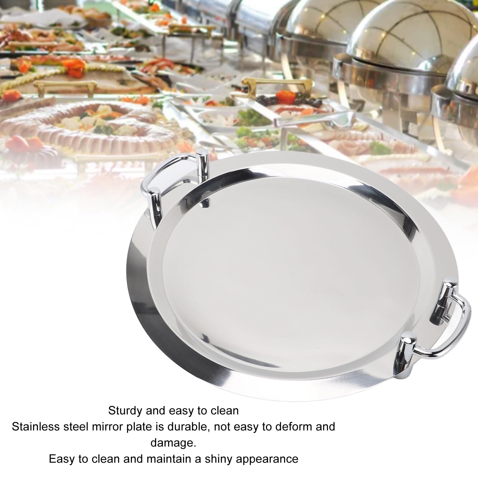 Hztyyier Bandeja de Acero Inoxidable, Bandeja de Metal Multifunción con Asa, para Eventos de Buffet y Catering (Forma Redonda con Mango Plateado, 43 cm.)