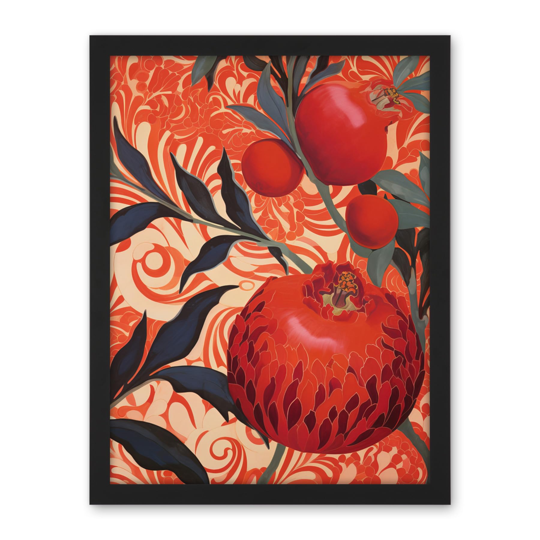Artery8 Pomegranate Tree Grove Red and Blue Artwork Floral Patterns Artwork Framed Wall Art Print 18X24 Inch