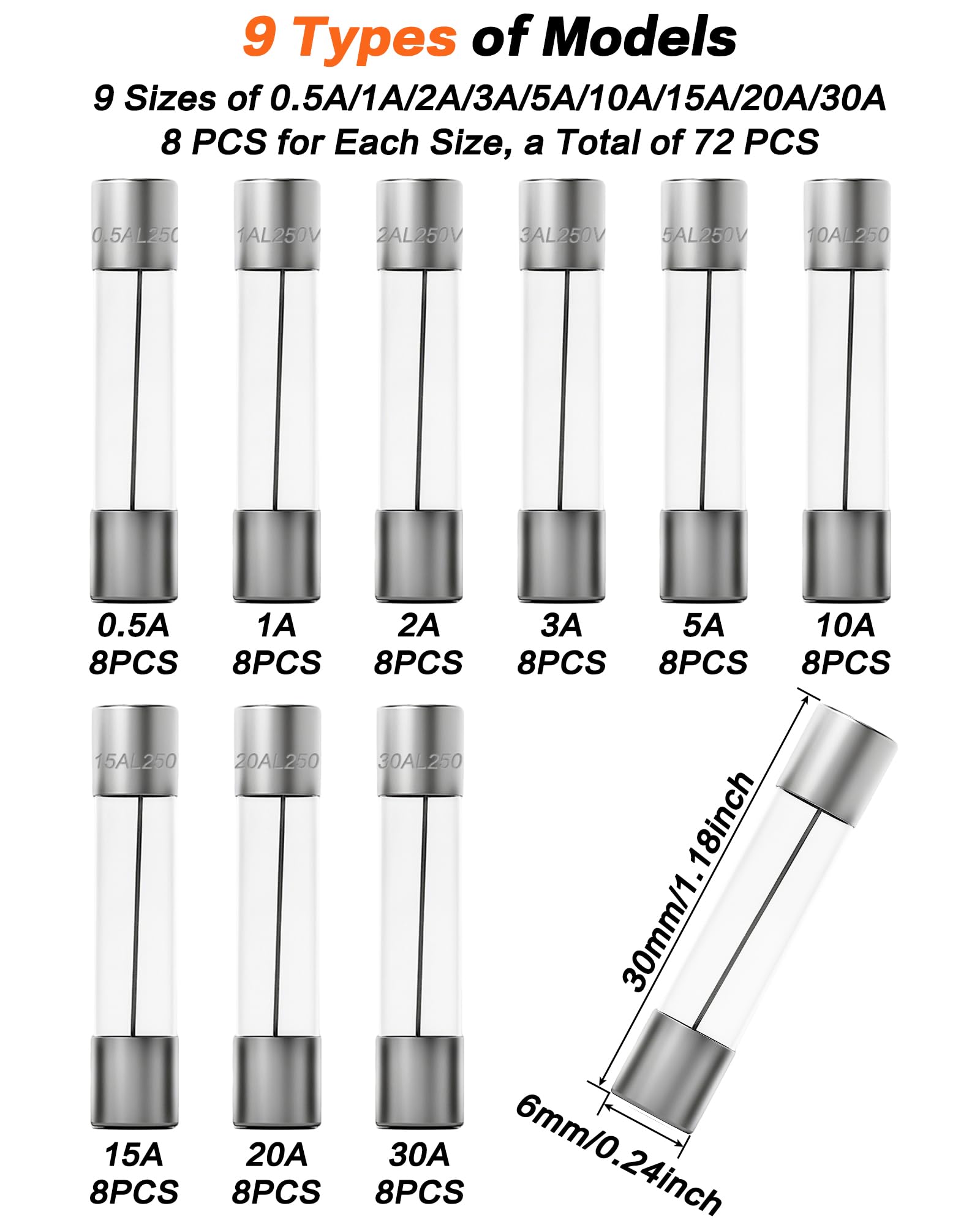 IZTOSS 72pcs 6x30mm Fast-blow Glass Fuses Quick Blow Car Glass Tube Fuses Assorted Kit Amp 0.5A,1A,2A,3A,5A,10A,15A,20A,30A and 10pcs fuse seat by IZTOSS