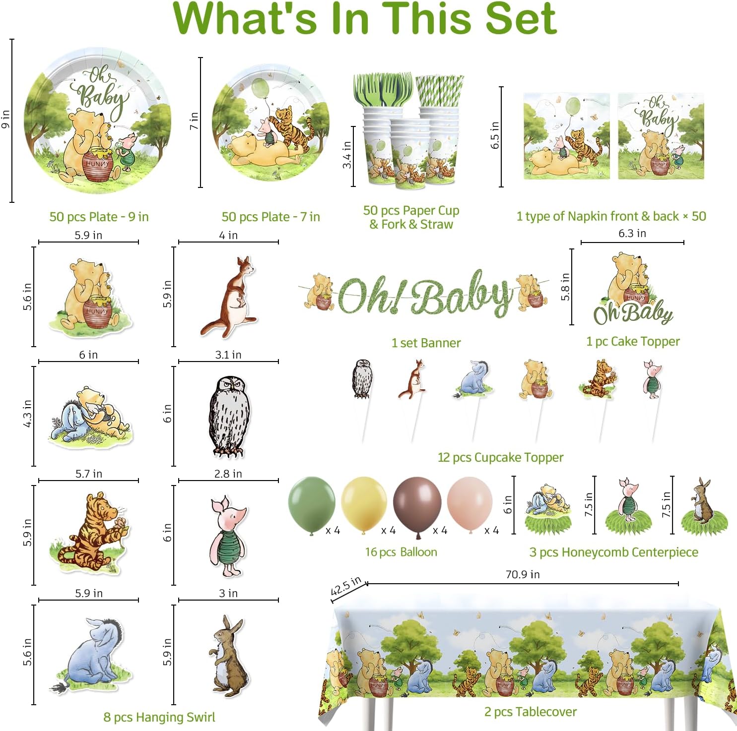 Xynic 343pcs Classic Bear Baby Shower Decorations Complete Party Set for 50 Guests, Classic Pooh Disposable Plates, Banner, Tablecloth, Large Party All-in-one Vintage Bear Baby Shower Decorations